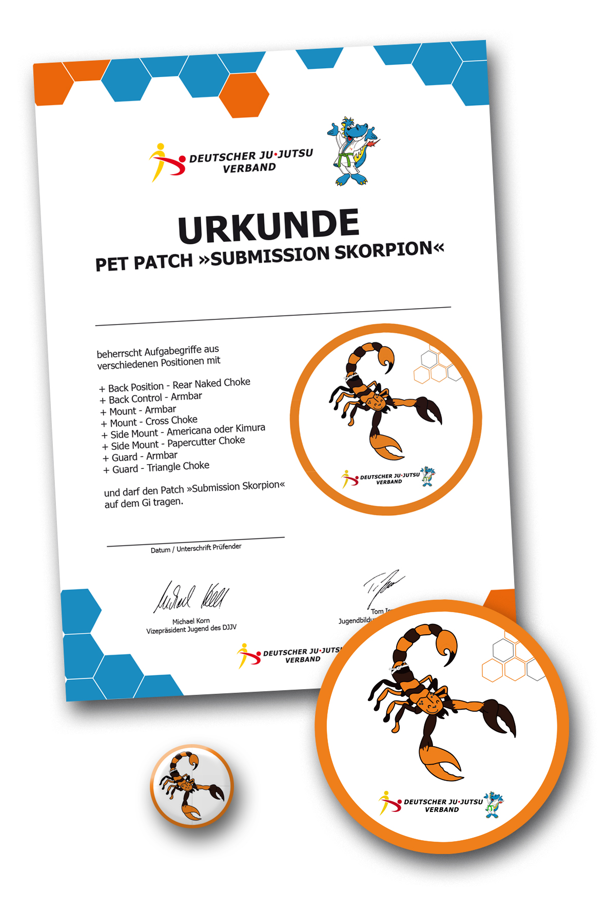 scorpion, patch, zertifikat, deutscher ju-jutsu ververband, orangen ring